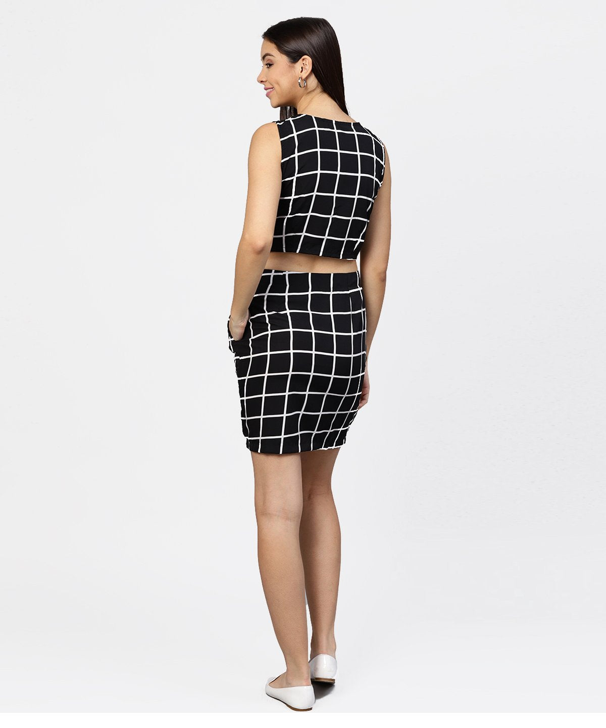 Women's Black Check Boat Nect Crop Top With High Waisted Skirt - Nayo Clothing