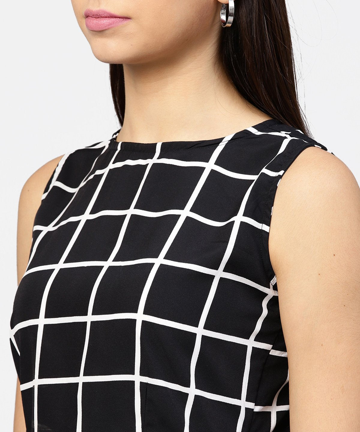 Women's Black Check Boat Nect Crop Top With High Waisted Skirt - Nayo Clothing