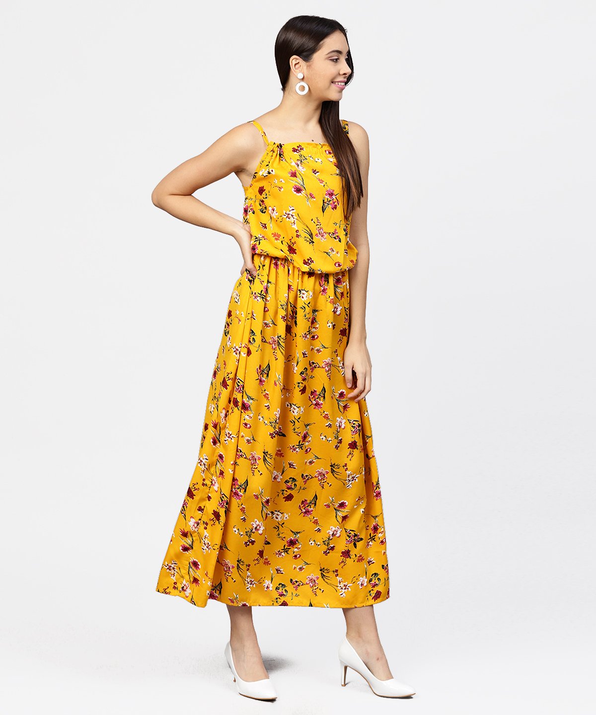 Women's Yellow Printed Shoulder Strapped With A Gather Neckline Maxi Dress - Nayo Clothing