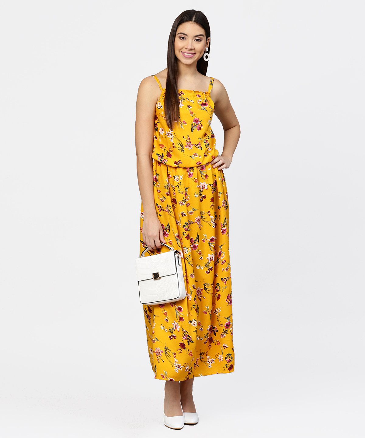 Women's Yellow Printed Shoulder Strapped With A Gather Neckline Maxi Dress - Nayo Clothing