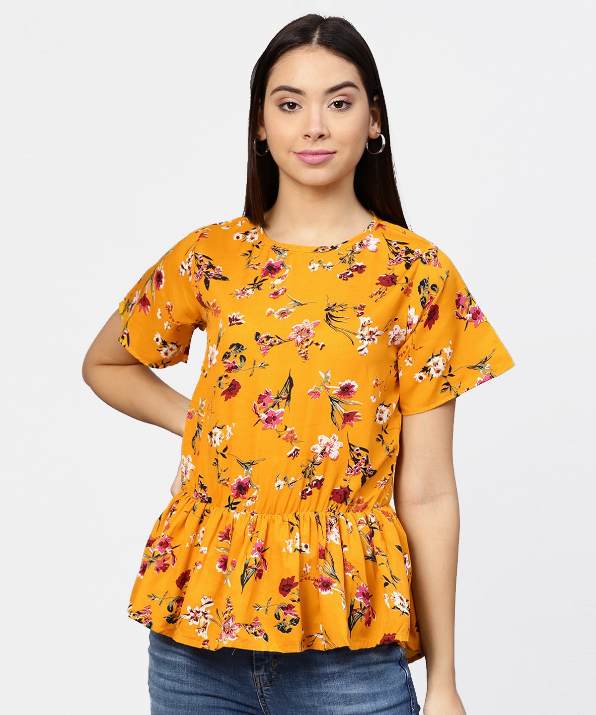 Women's Yellow Printed Short Sleeve With A Gathered Peplum Style Top - Nayo Clothing
