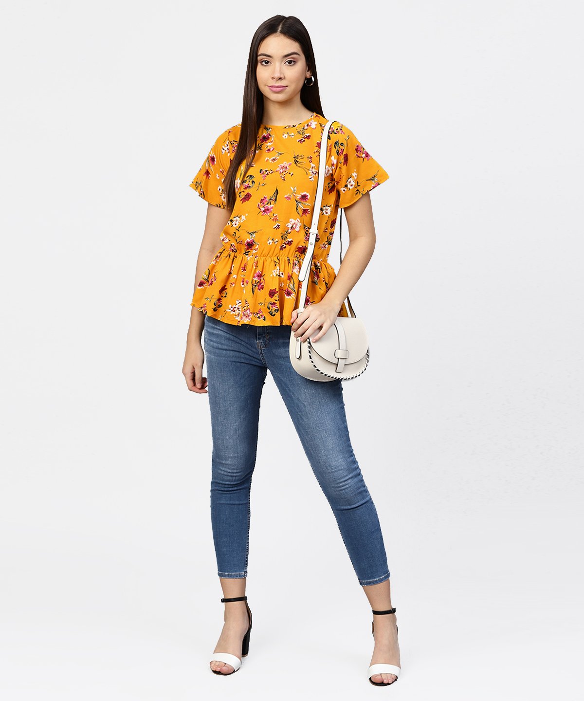 Women's Yellow Printed Short Sleeve With A Gathered Peplum Style Top - Nayo Clothing