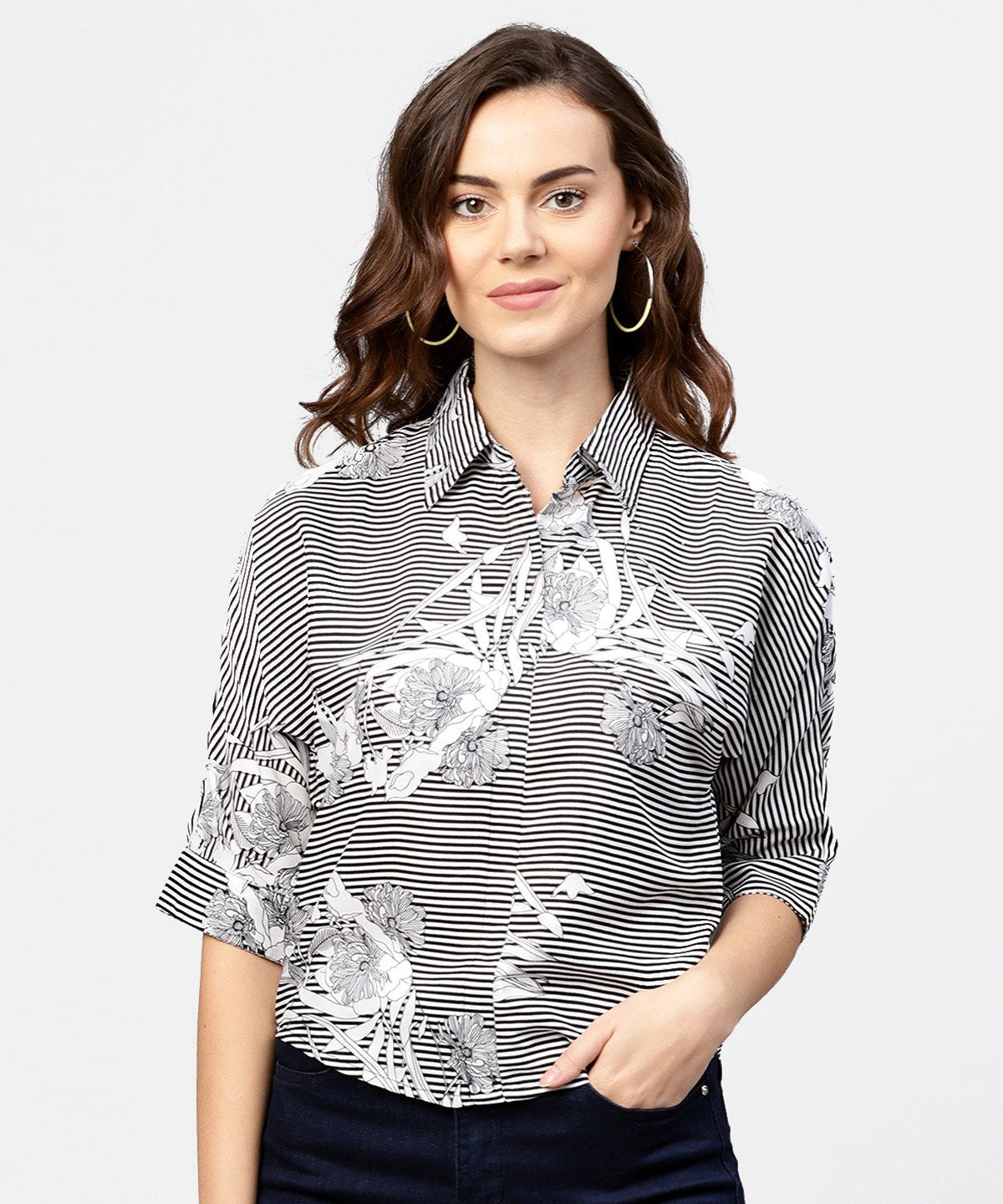 Women's Black Printed Short Sleeve Top With Shirt Collor - Nayo Clothing