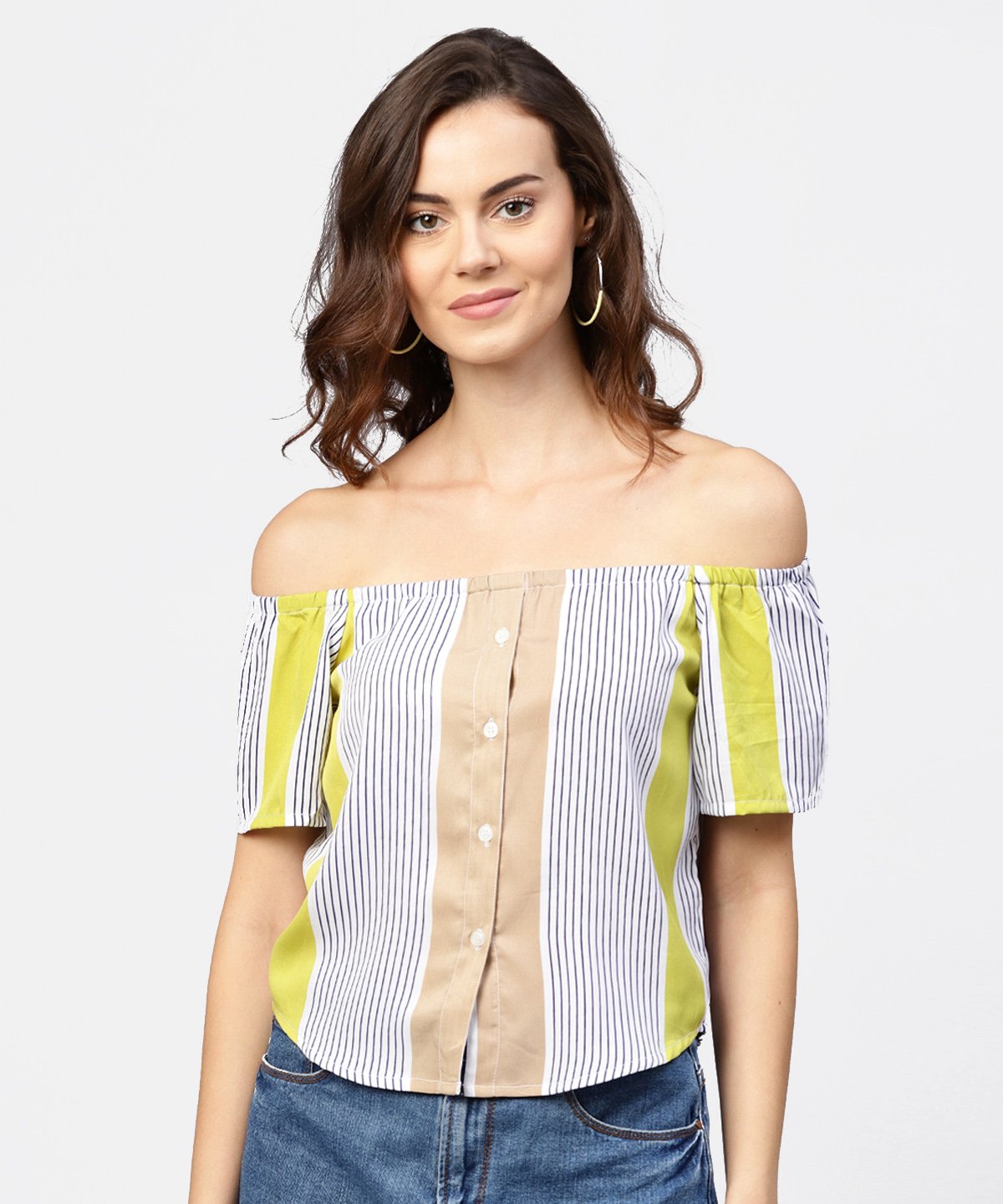 Women's Striped Multi Printed Off Shoulder Front Open Top - Nayo Clothing
