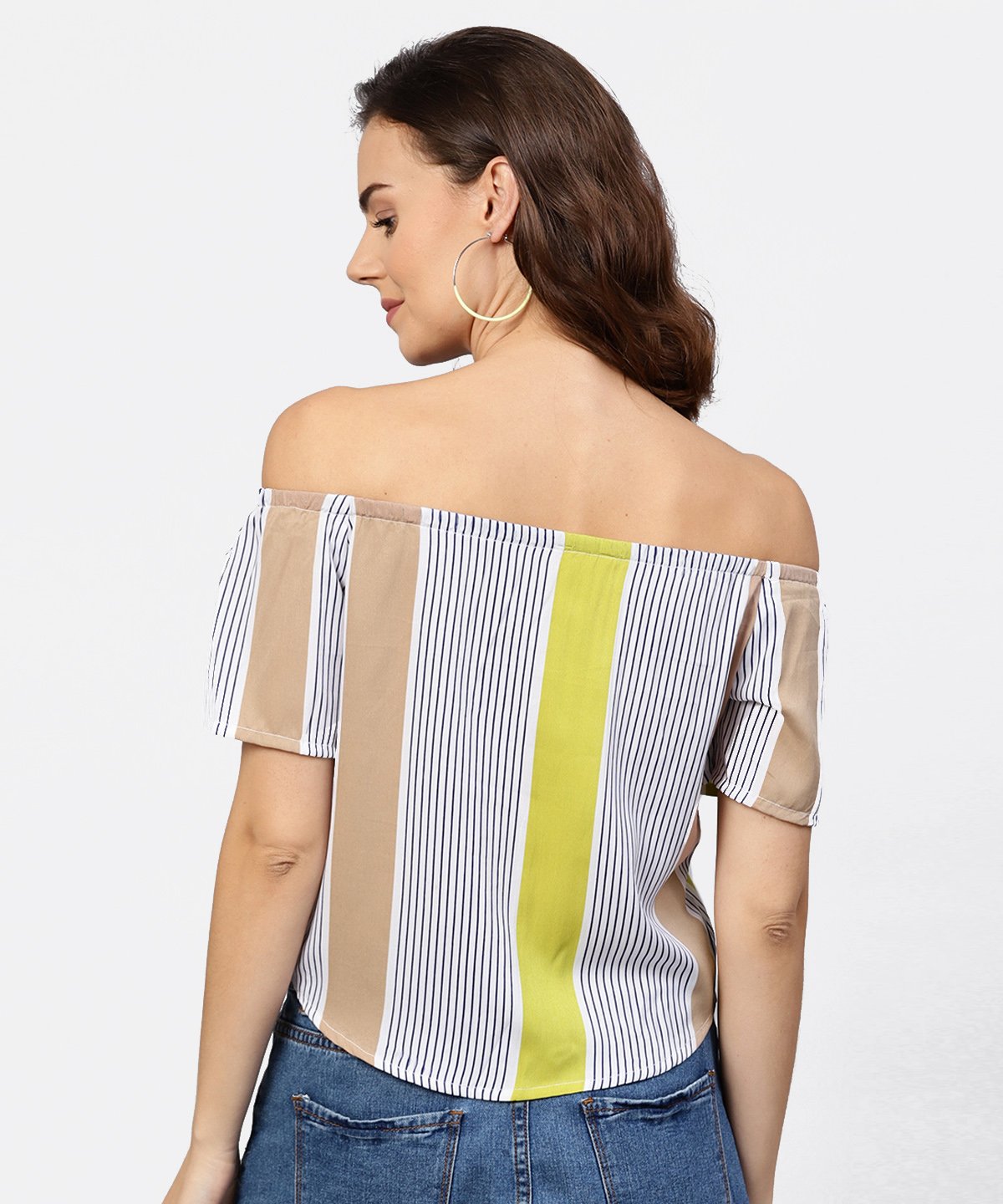 Women's Striped Multi Printed Off Shoulder Front Open Top - Nayo Clothing