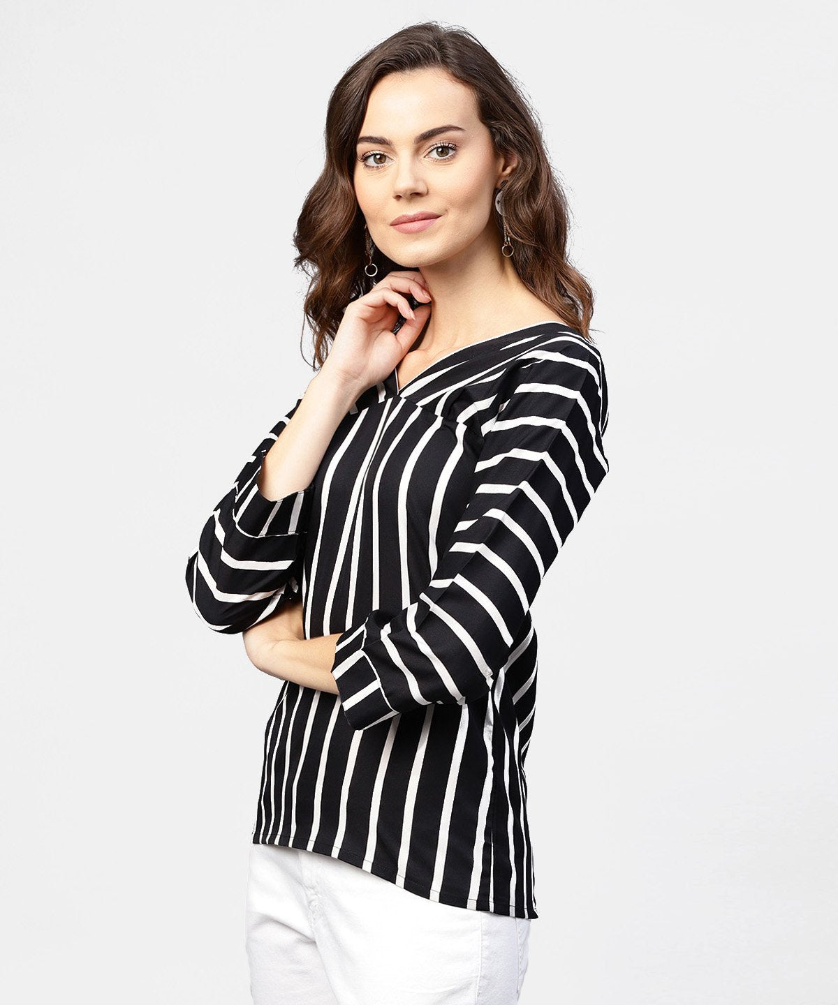 Women's Black Striped 3/4Th Sleeve Shirt Style Top - Nayo Clothing