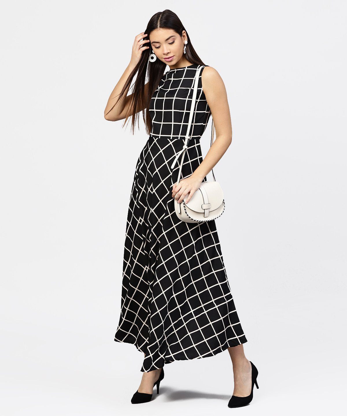 Women's Black Check Sleeveless A-Line Maxi Dress With Slit On The Front - Nayo Clothing