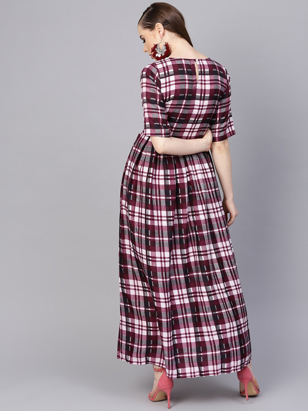 Women's Purple Check Printed Half Sleeve Maxi Dress - Nayo Clothing