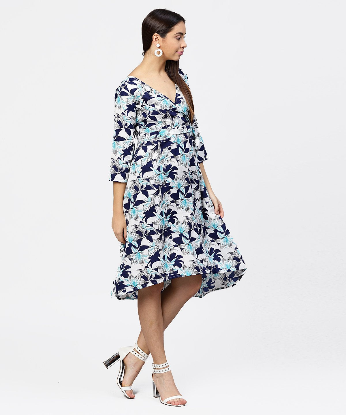 Women's Blue Floral Printed 3/4Th Sleeve Midi A-Line Dress - Nayo Clothing