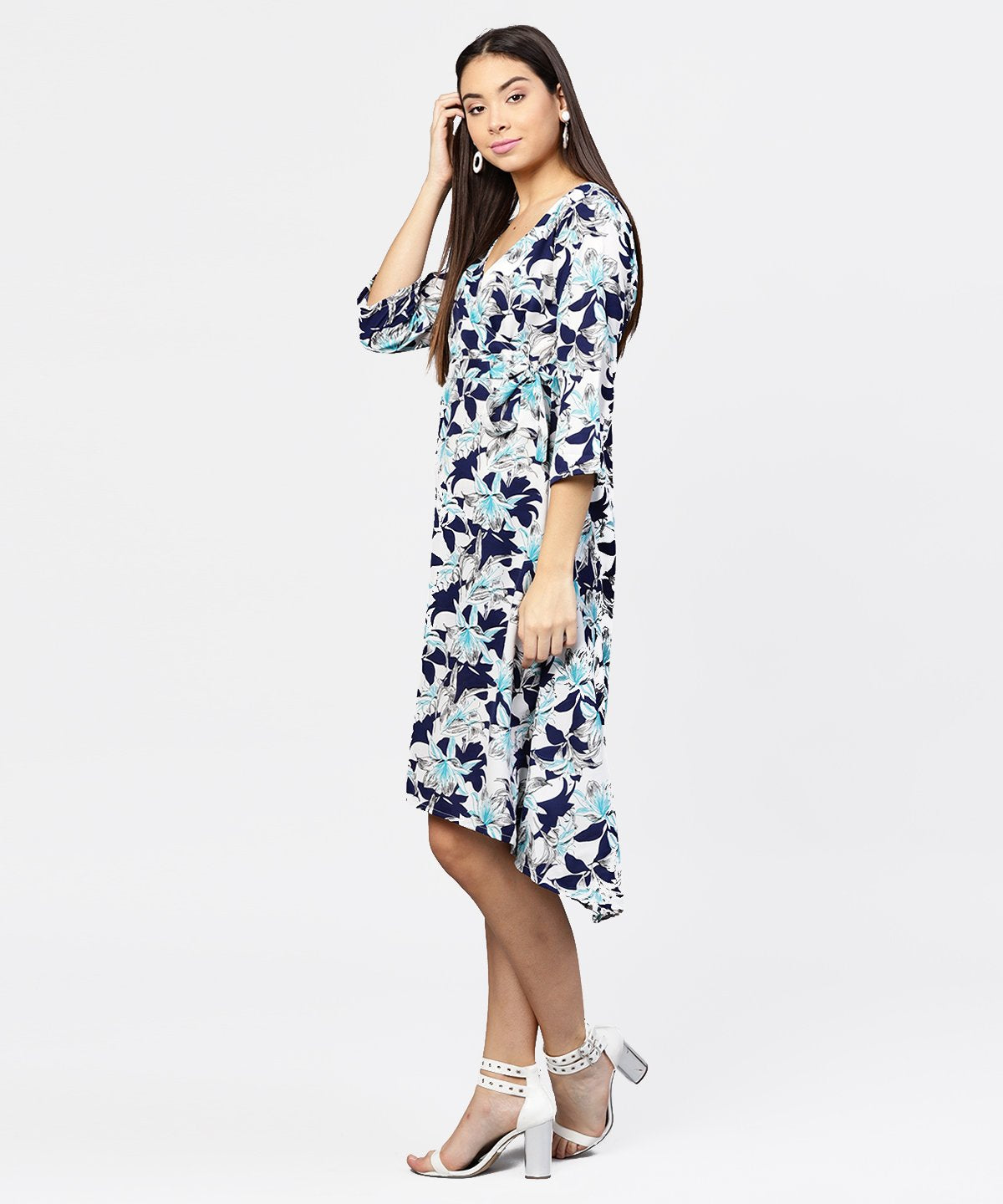 Women's Blue Floral Printed 3/4Th Sleeve Midi A-Line Dress - Nayo Clothing