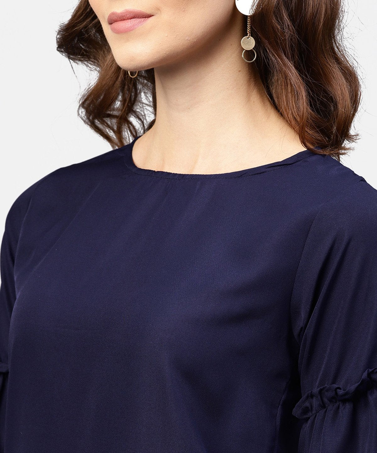 Women's Solid Round Neck Top With Flared 3/4Th Pinted Knotted Style Sleeves - Nayo Clothing