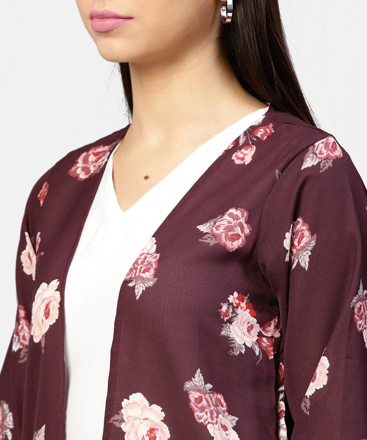 Women's Solid V-Neck Cream Top With Floral Printed Loose-Fit 3/4Th Sleeves Open Style Cape - Nayo Clothing