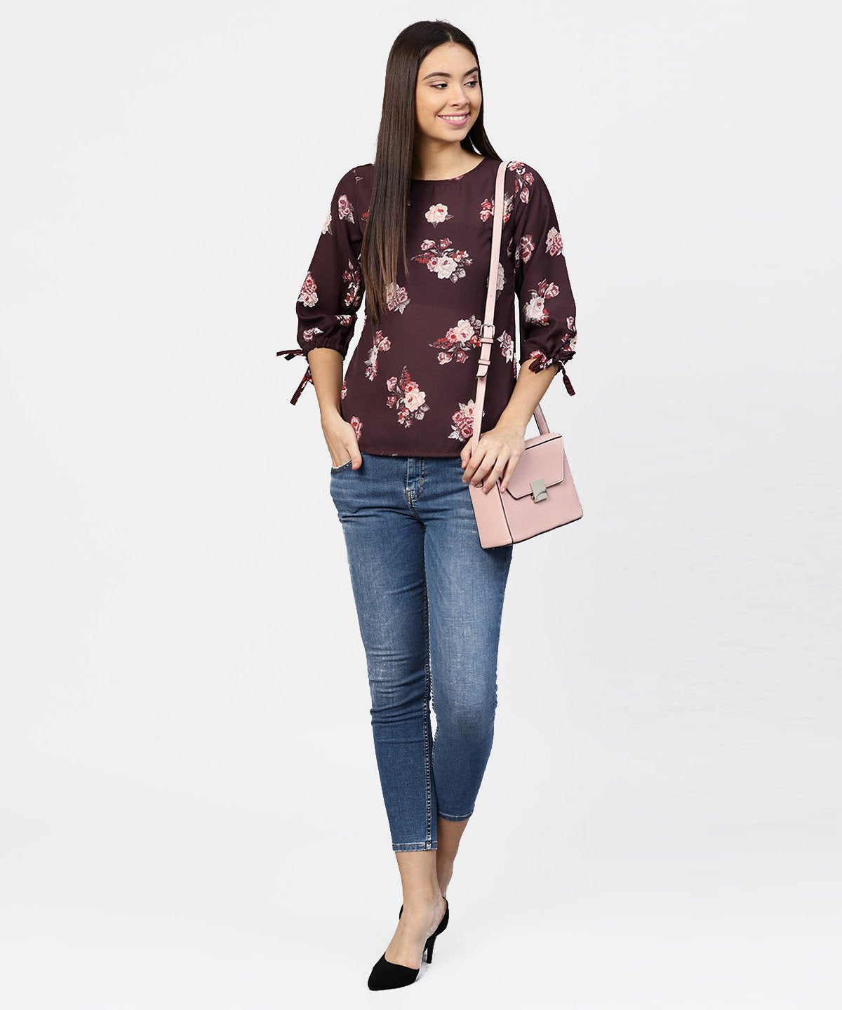 Women's Round Neck Floral Printed 3/4Th Sleeves Top - Nayo Clothing