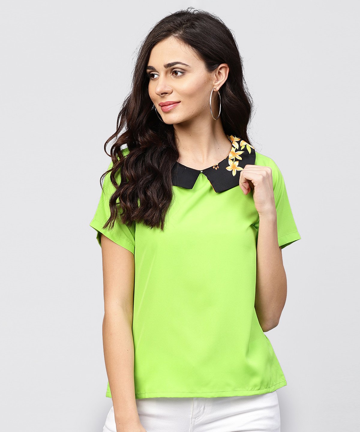Women's Parrot Green Top With Half Sleeves And Collar - Nayo Clothing