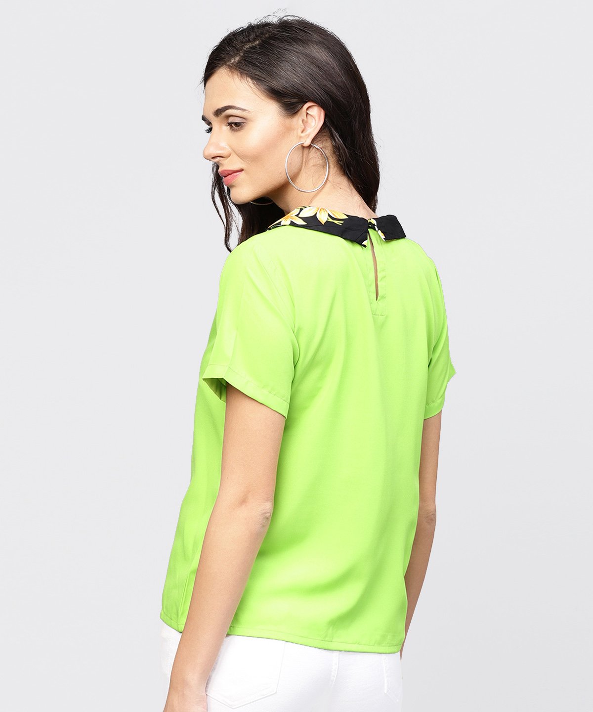 Women's Parrot Green Top With Half Sleeves And Collar - Nayo Clothing