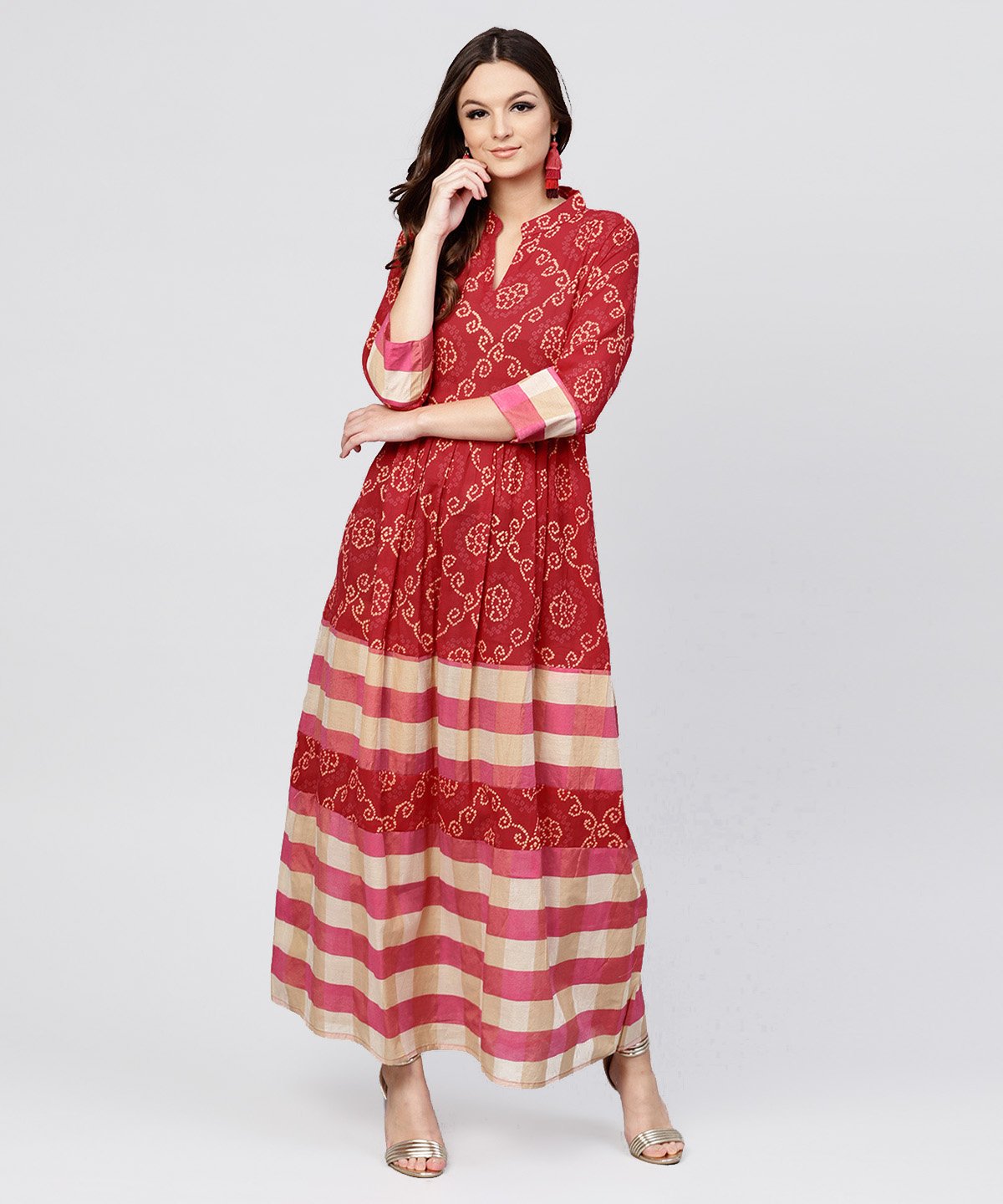 Women's Red Printed Dress With Mandarin Collar And 3/4 Sleeves - Nayo Clothing