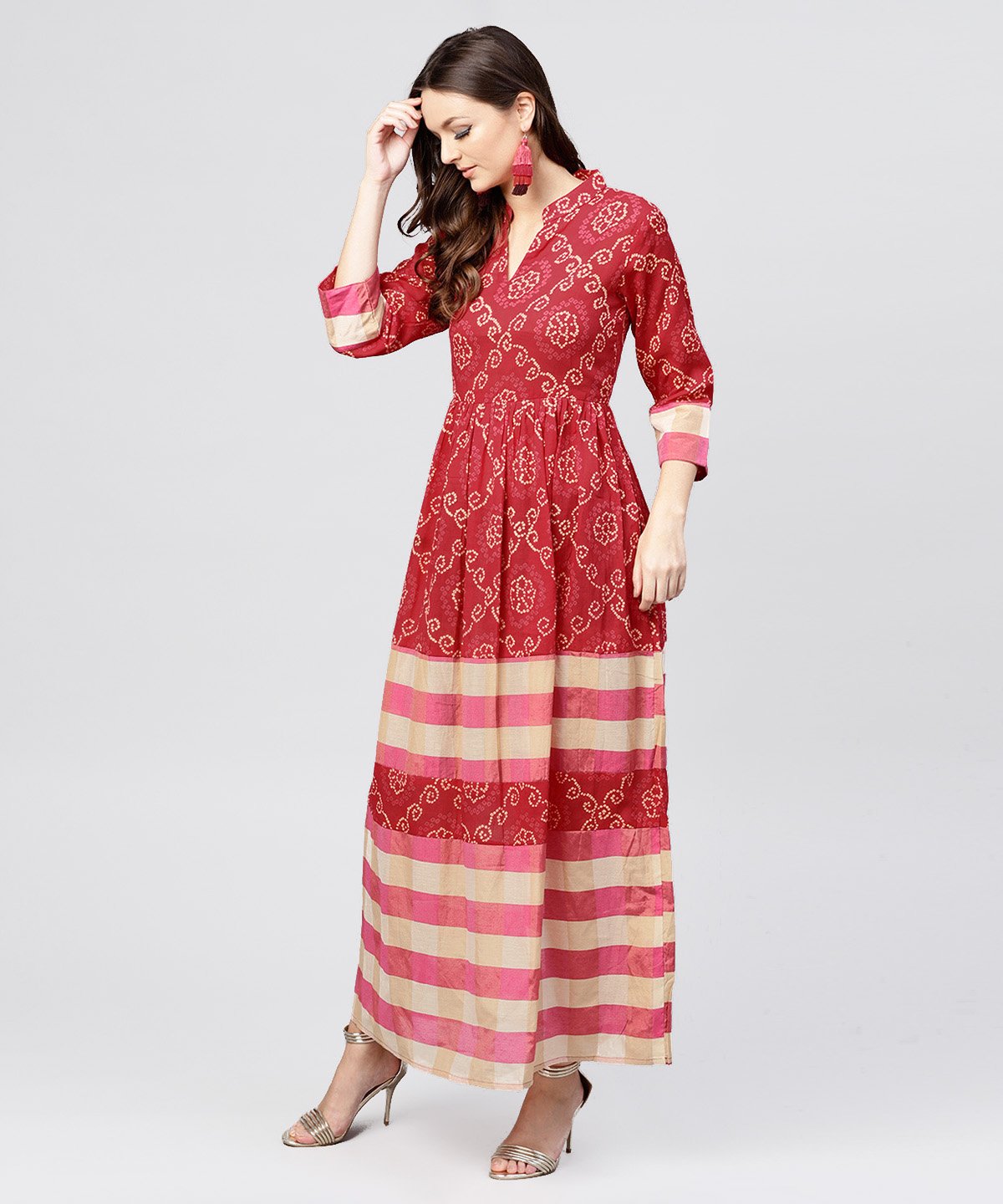 Women's Red Printed Dress With Mandarin Collar And 3/4 Sleeves - Nayo Clothing