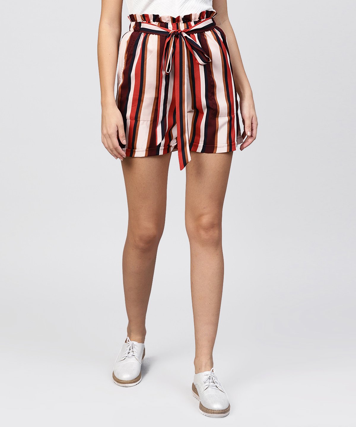 Women's Multi Colored Striped Shorts With Fabric Belt - Nayo Clothing