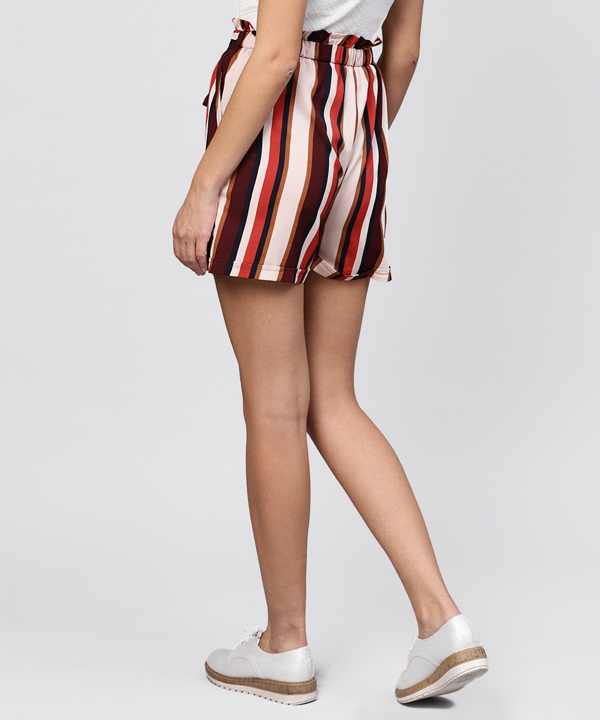 Women's Multi Colored Striped Shorts With Fabric Belt - Nayo Clothing