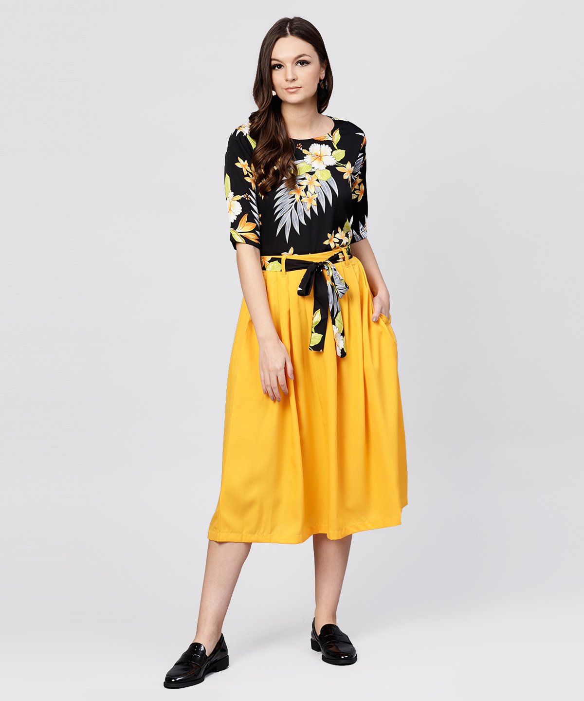 Women's Black Printed Half Sleeve Tops With Yellow Calf Length Skirt With Belt - Nayo Clothing