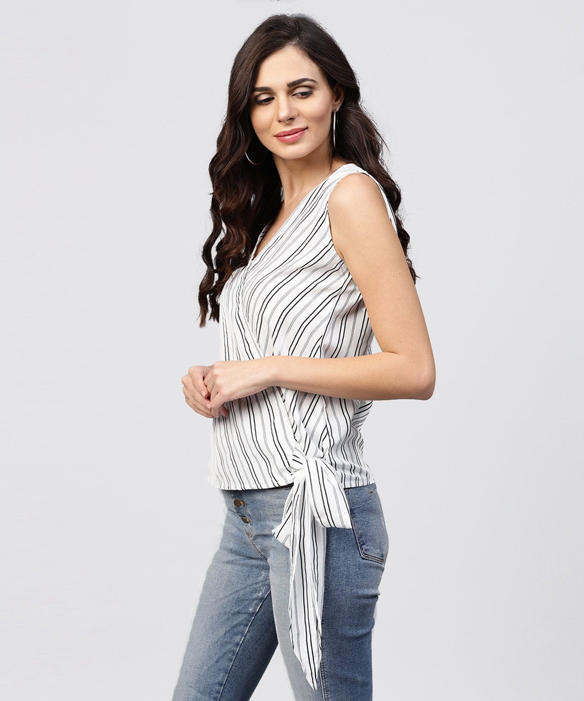 Women's White And Grey Striped Cotton Top With V-Neck - Nayo Clothing