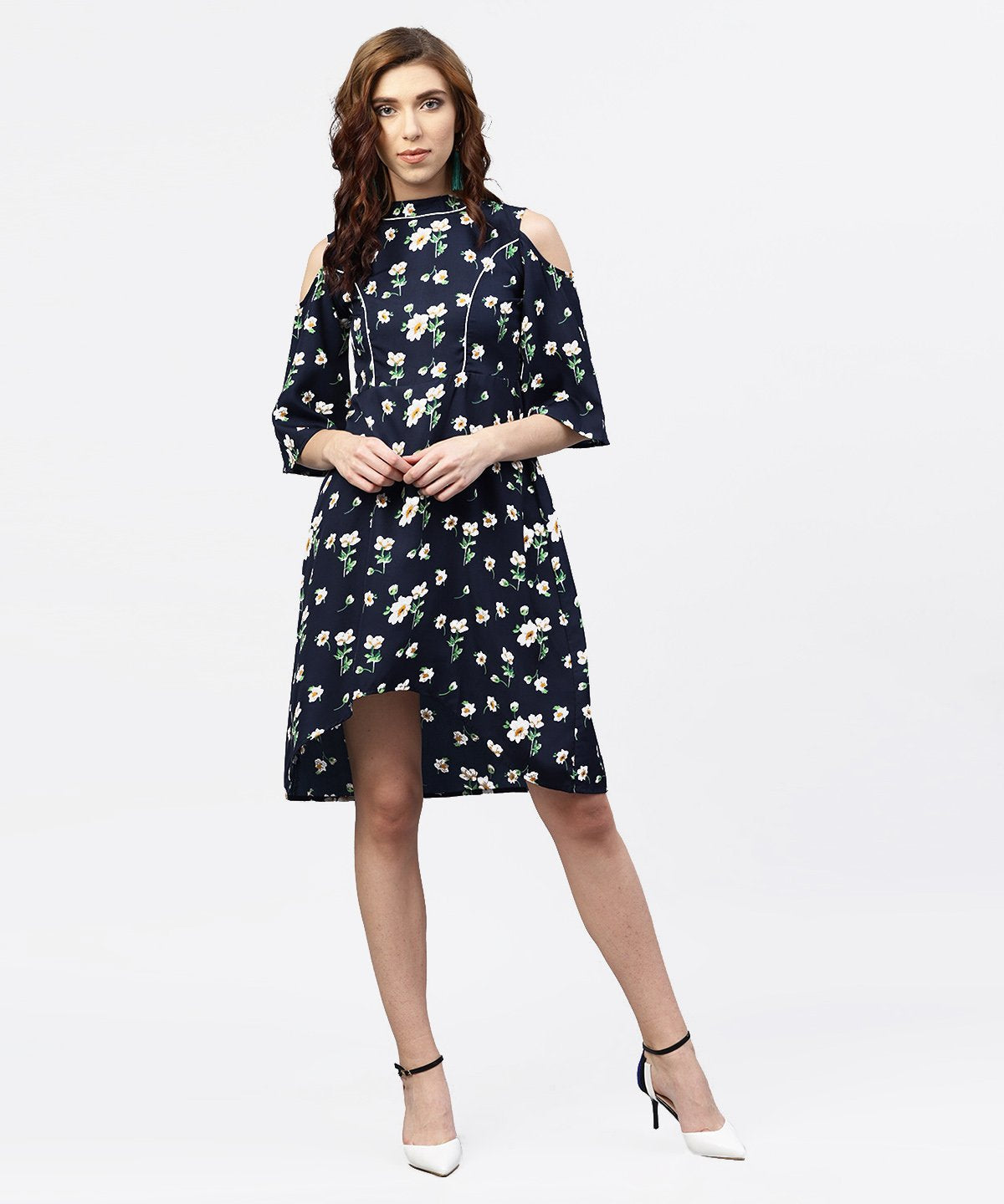 Women's Navy Blue Printed Dress With Round Neck And Cold Shoulders Sleeves - Nayo Clothing