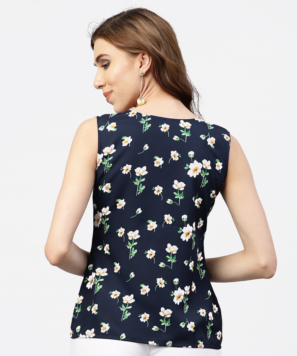 Women's Navy Blue Floral  Printed Sleevless  Top With Front Yoke And V-Neck - Nayo Clothing