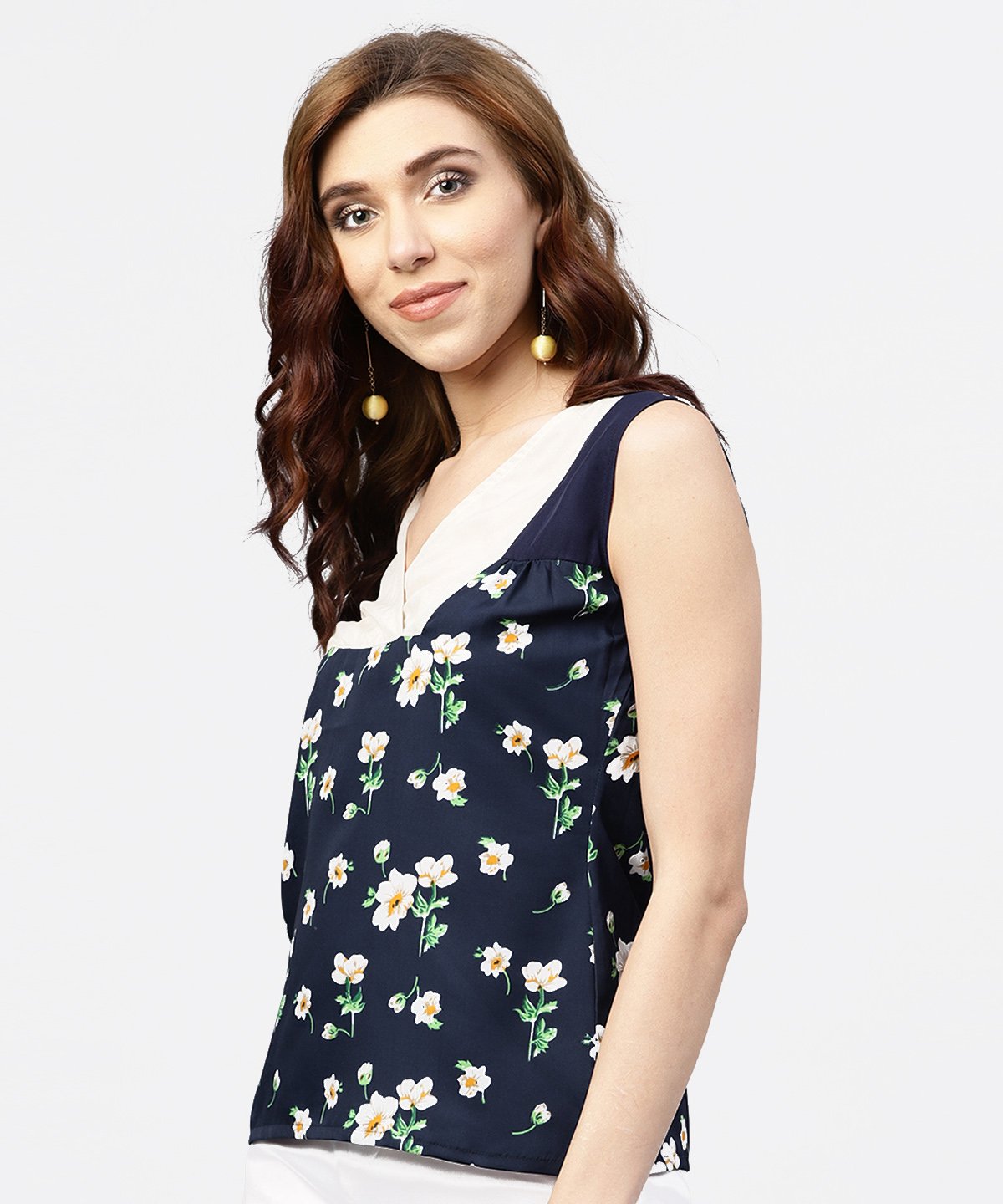 Women's Navy Blue Floral  Printed Sleevless  Top With Front Yoke And V-Neck - Nayo Clothing