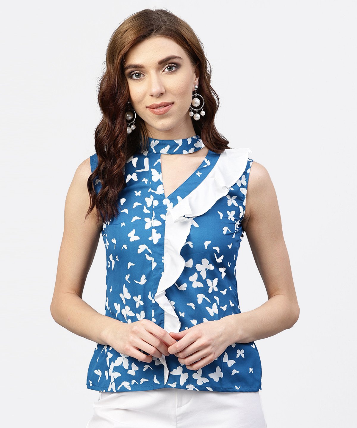 Women's Blue Printed Top With Front Placket And Madarin Collar - Nayo Clothing