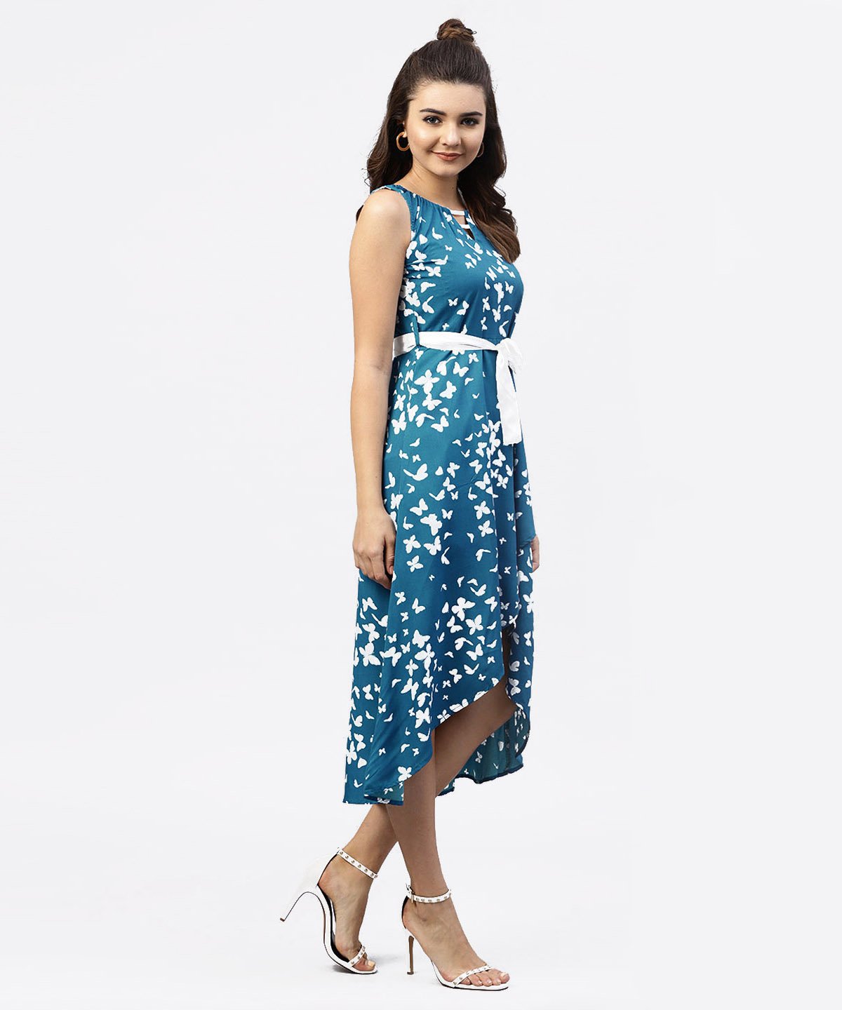 Women's Blue Printed Sleevesless Asymmetric Dress With Gathered Round Neckline - Nayo Clothing