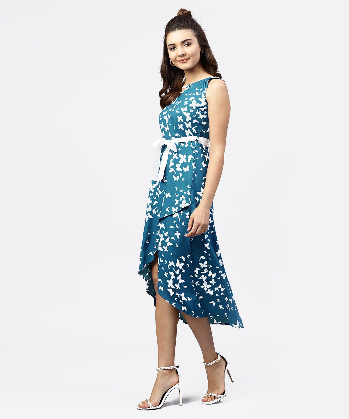 Women's Blue Printed Sleevesless Asymmetric Dress With Gathered Round Neckline - Nayo Clothing
