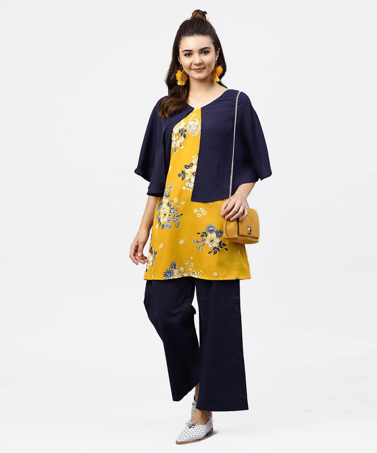 Women's Yellow Printed Tunic With Attached Cape Sleeves And V-Neck - Nayo Clothing