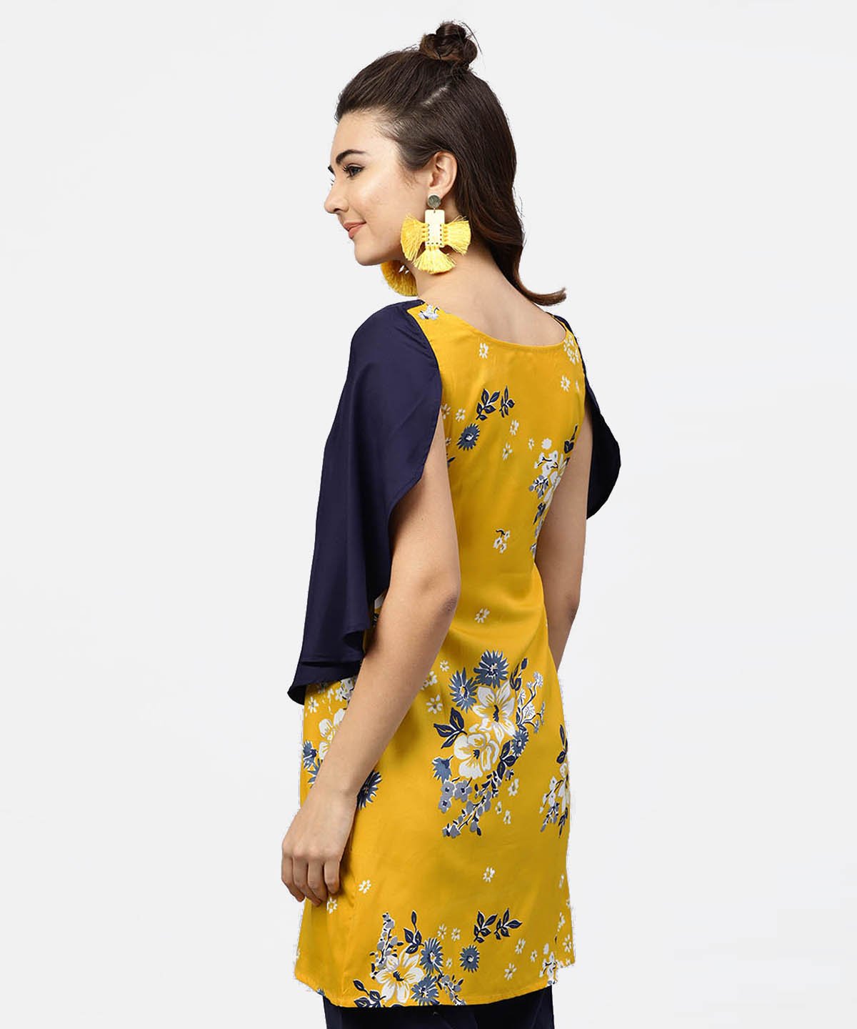 Women's Yellow Printed Tunic With Attached Cape Sleeves And V-Neck - Nayo Clothing