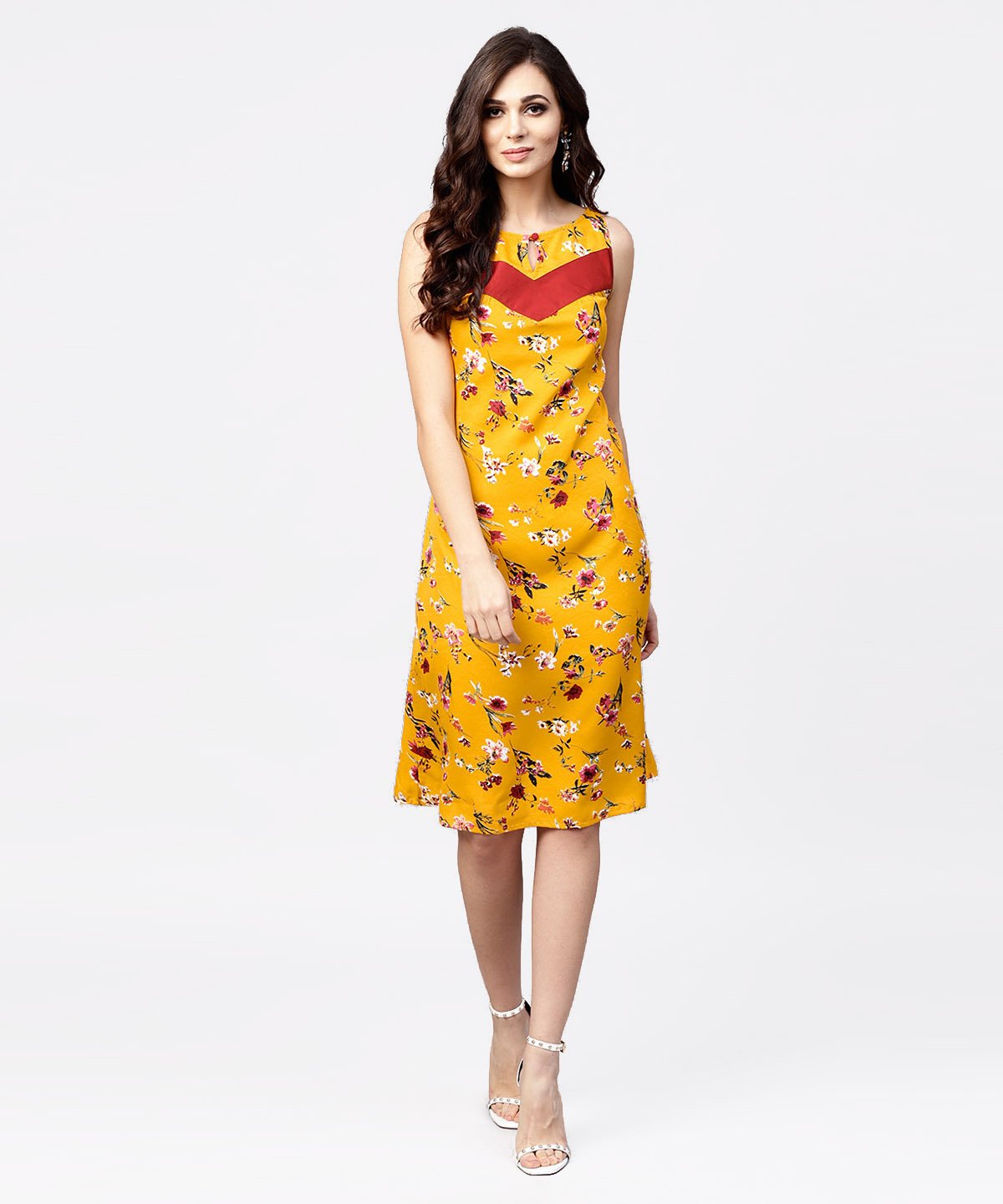 Women's Mustard Floral Printed Sleeveless Dress With Key Hole Neck - Nayo Clothing