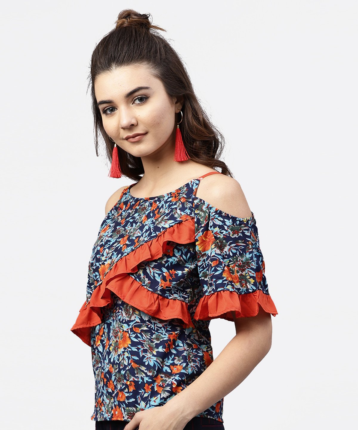 Women's Blue Floral Printed Top With Round Neck And Cold Shoulders - Nayo Clothing