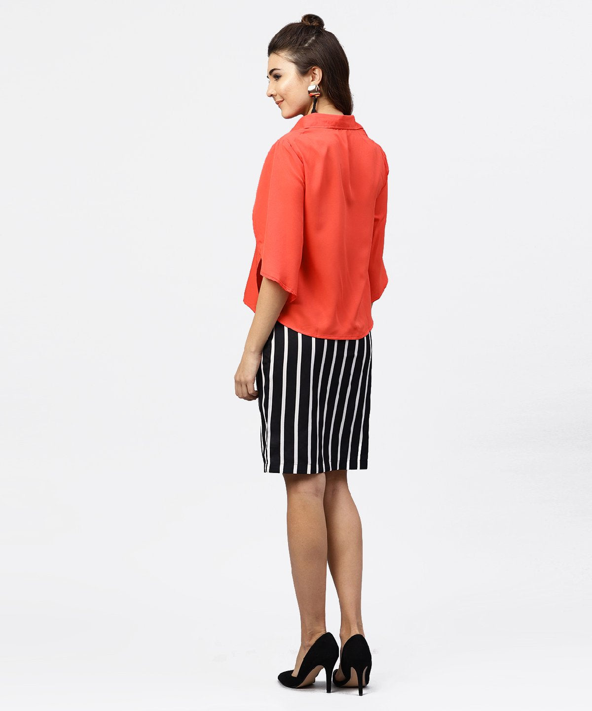 Women's Red Cape Sleeves Formal Shirt Set With Midi Striped Skirt - Nayo Clothing