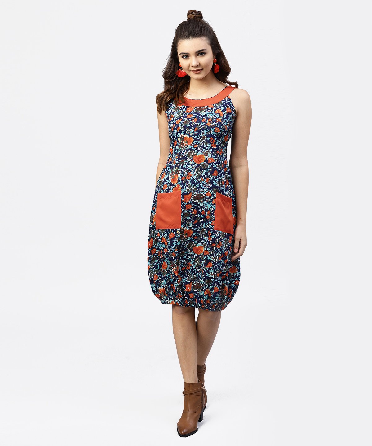 Women's Navy Blue Printed Ballon Dress With Roud Neck And Front Patch Pocket - Nayo Clothing
