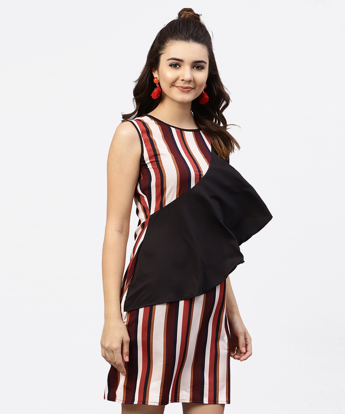 Women's Multi Striped Sleeveless Dress With Round Neck - Nayo Clothing