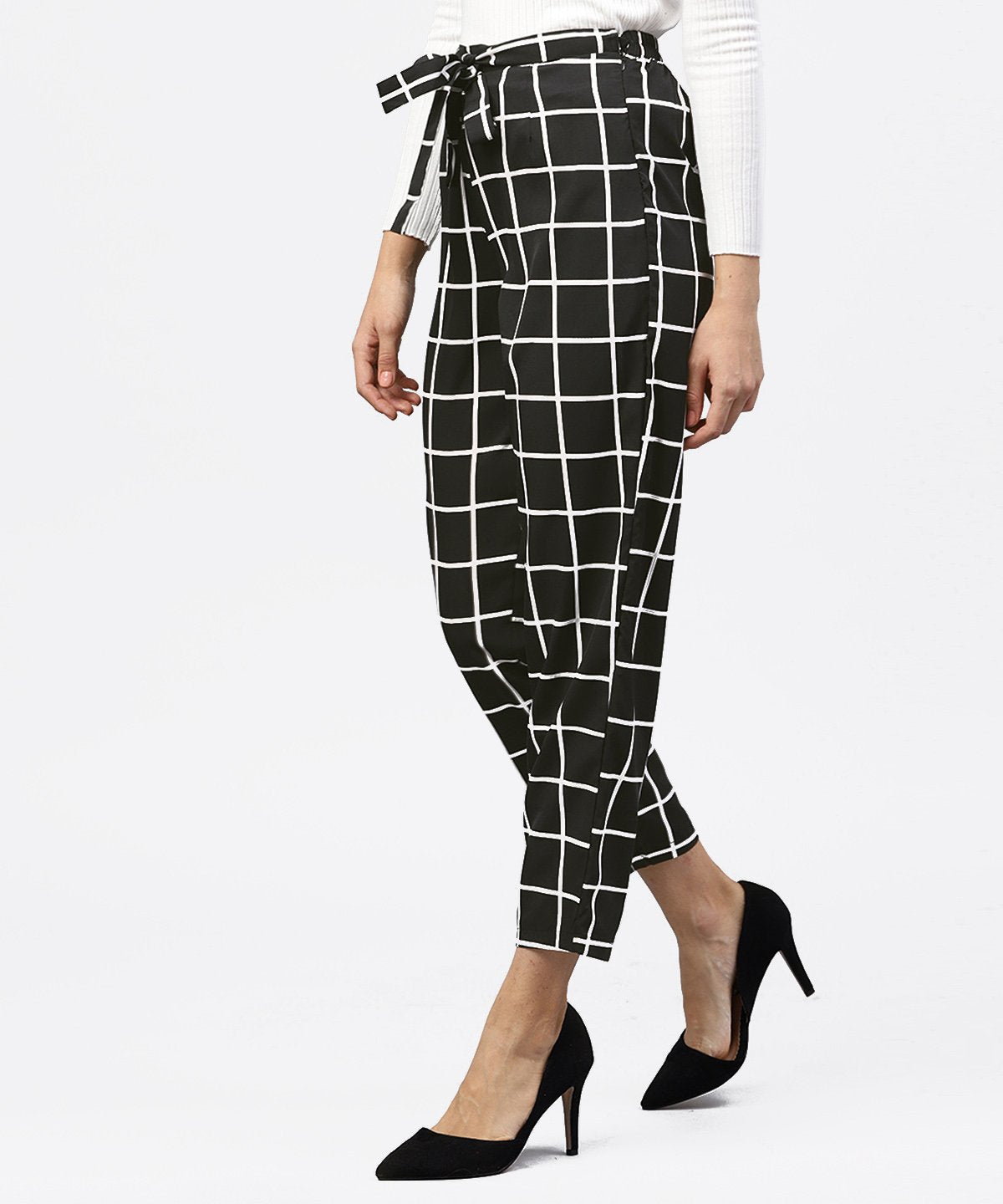 Women's Black & White Checked Trouser With Side Pockets - Nayo Clothing