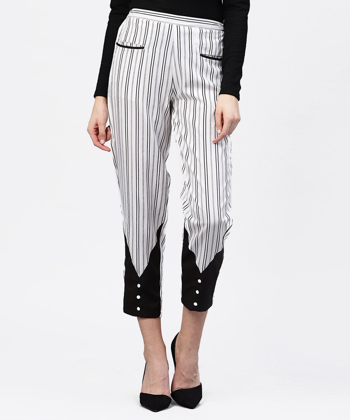 Women's Black And White Striped Trouser With Pockets - Nayo Clothing