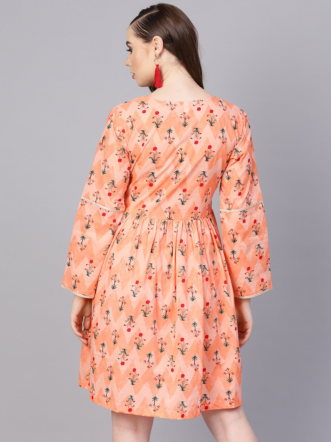 Women's Peach Full Sleeve Cotton A-Line Dress - Nayo Clothing