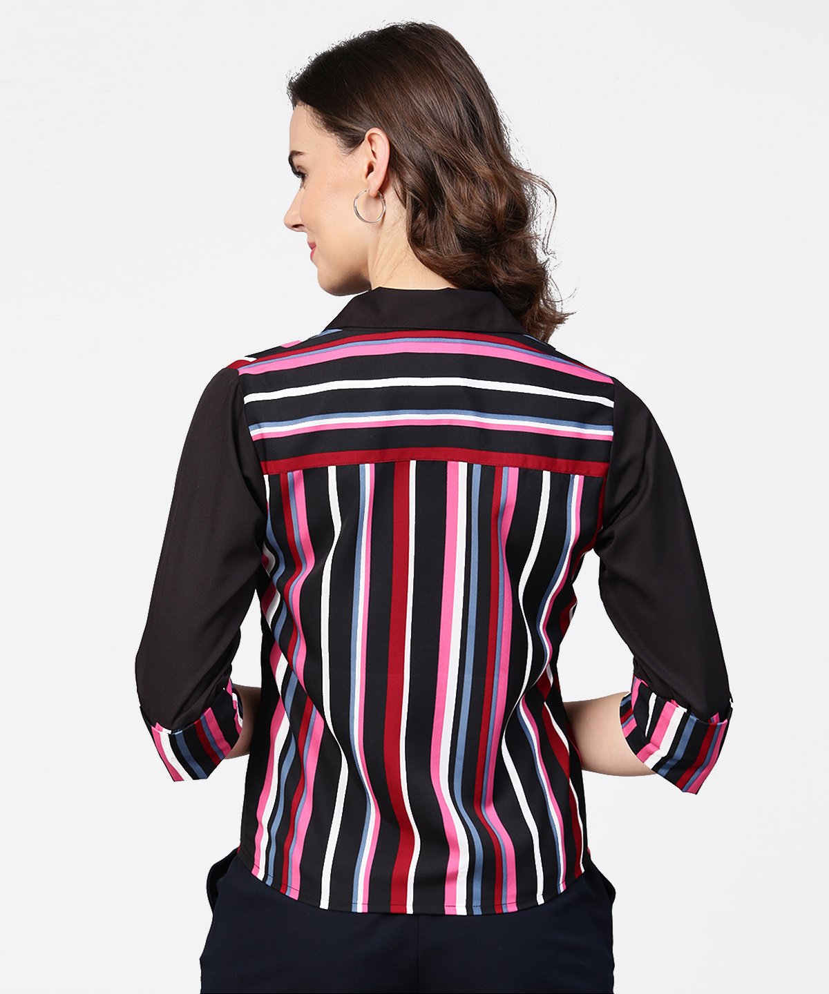 Women's Black Striped Full Sleeve Crepe Tops - Nayo Clothing