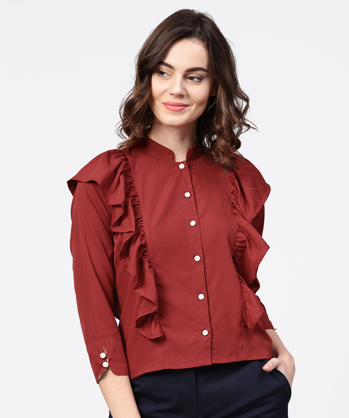 Women's Maroon Full Sleeve Crepe Tops With Layred Design At Front - Nayo Clothing