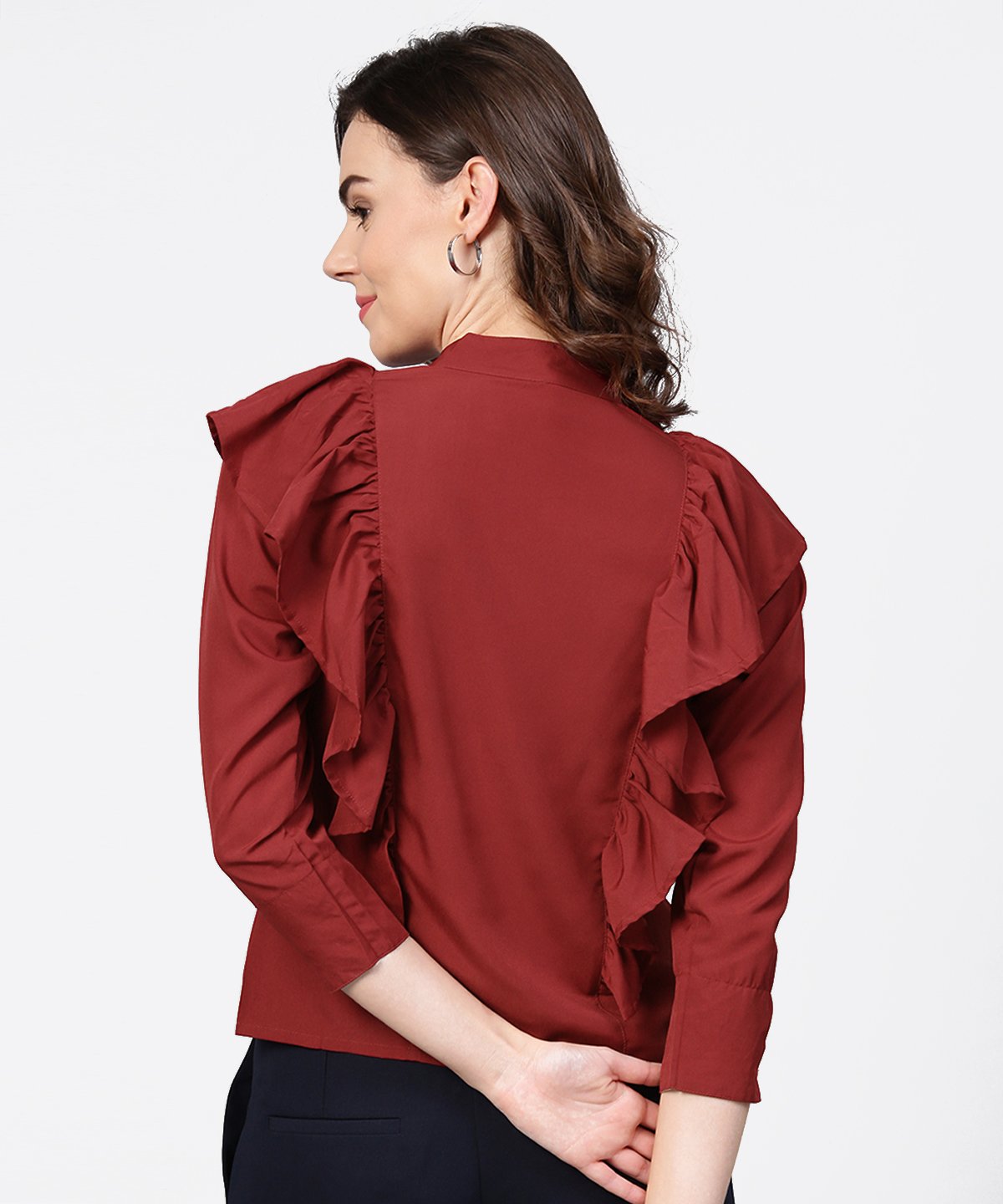 Women's Maroon Full Sleeve Crepe Tops With Layred Design At Front - Nayo Clothing