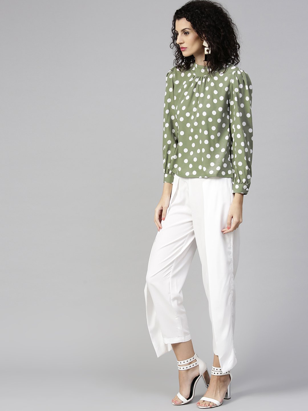 Women's Olive Green & White Printed Top With Trousers - Nayo Clothing