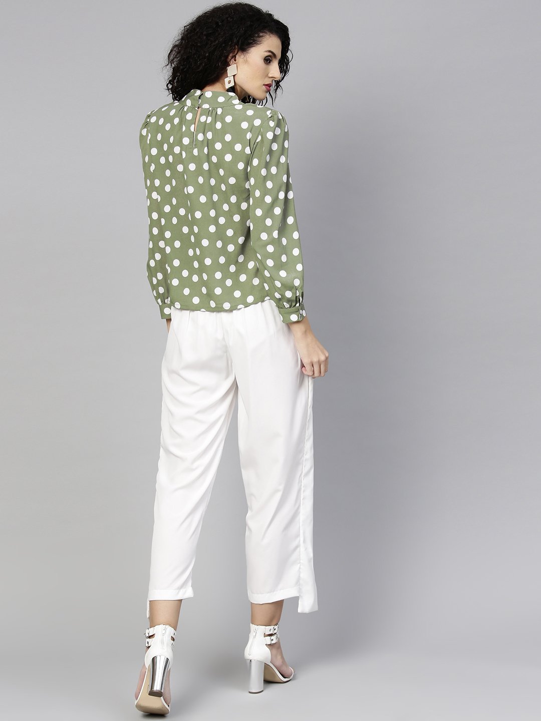 Women's Olive Green & White Printed Top With Trousers - Nayo Clothing
