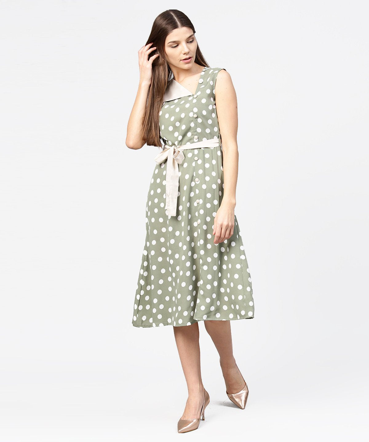 Women's Green Polka Dot Printed Sleeveless A-Line Dress With Belt - Nayo Clothing
