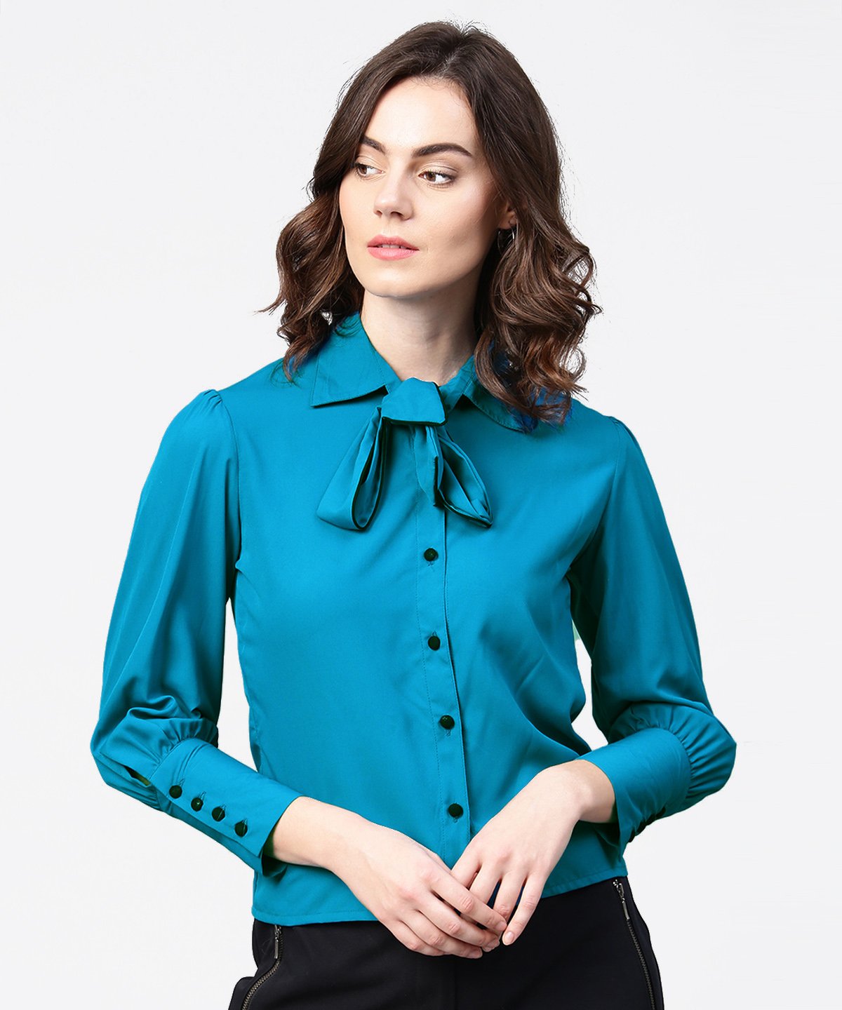 Women's Blue Full Sleeve Crepe Shirt With Tye Design At Front - Nayo Clothing