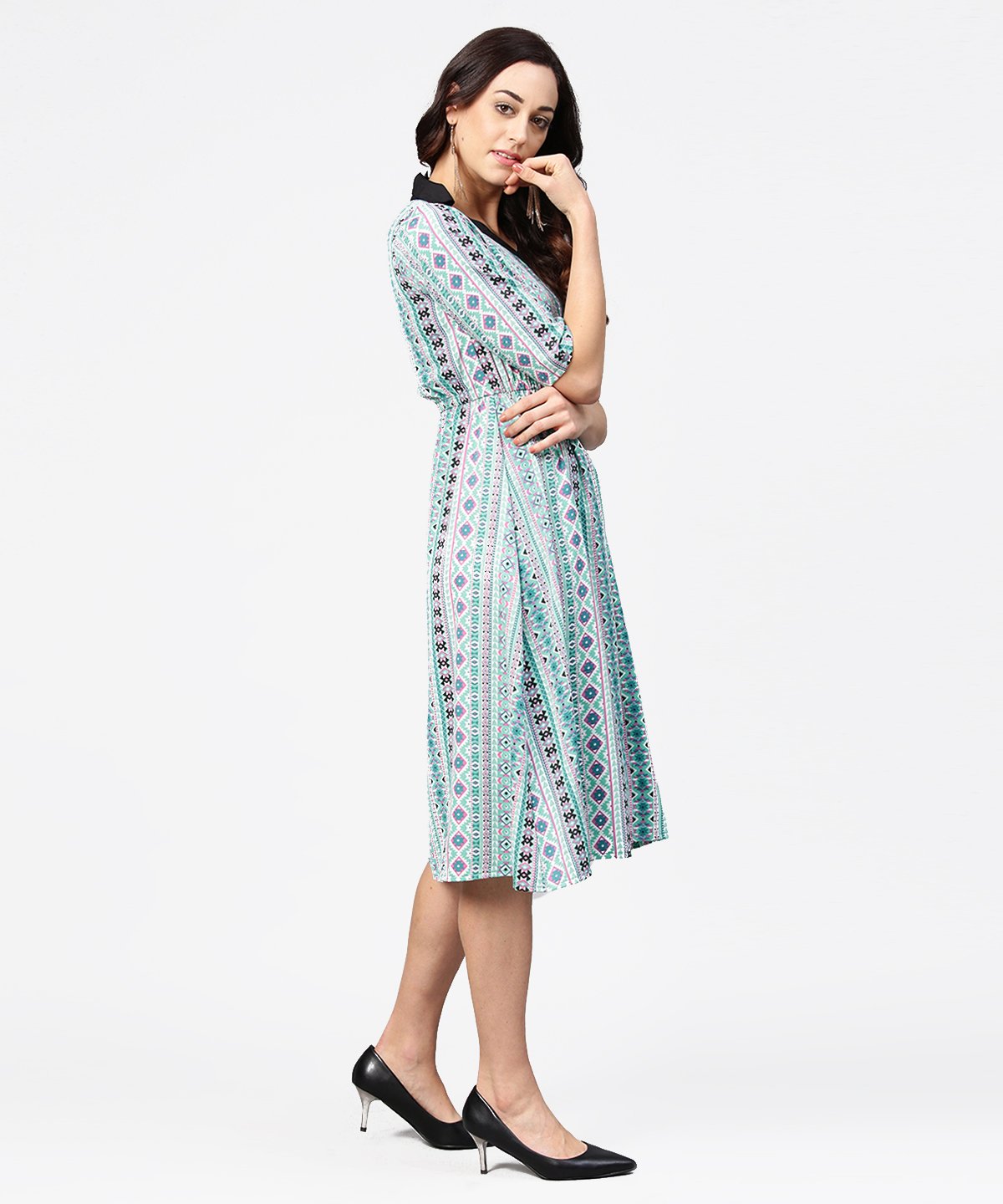 Women's Blue Printed 3/4Th Sleeve A-Line Dress - Nayo Clothing