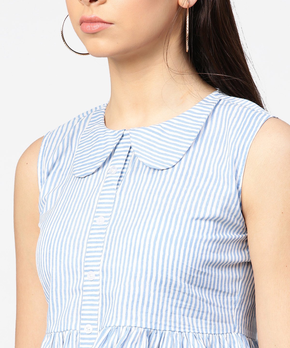 Women's Blue Striped Cotton Sleeveless Front Open Top - Nayo Clothing